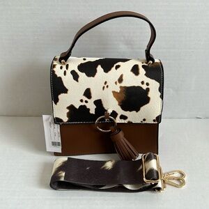 Cow Print Vegan Leather Crossbody Bag w/ Guitar Strap